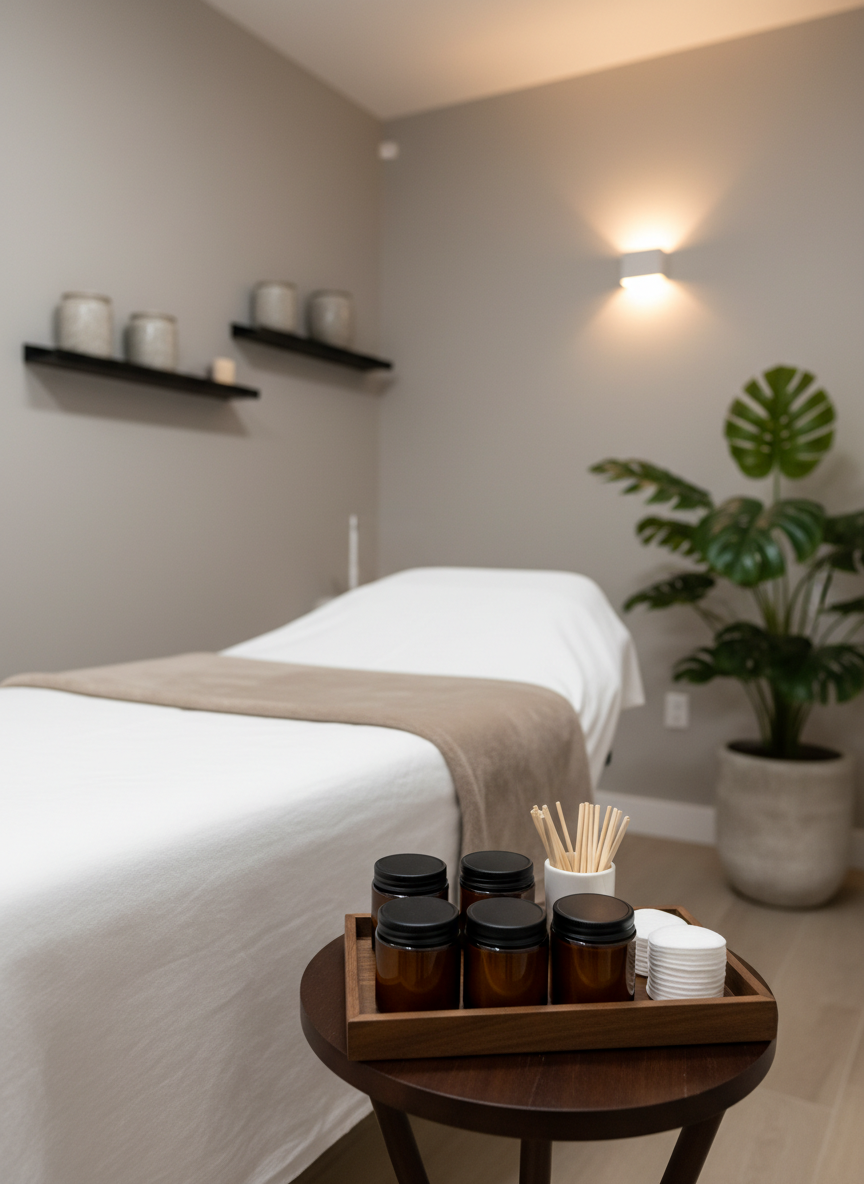 A serene treatment room in a high-end waxing and skincare salon, shown in photographic realism. A perfectly made treatment bed is covered in crisp white linens with a plush taupe blanket folded at the foot, and a neatly arranged tray holds sleek, amber glass jars of wax, wooden applicators, and cotton pads. The space is framed by soft greige walls, matte black shelving, and a single lush green plant in a stone pot. Warm, diffused overhead lighting and a subtle glow from a concealed wall sconce create a calm, sophisticated atmosphere. Captured at eye level with a shallow depth of field, the composition keeps the bed in sharp focus while the rest of the room gently blurs, emphasizing cleanliness, luxury, and comfort.